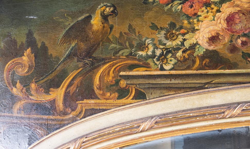 An antique console and its mirror, in Louis XV style, with parrots-2