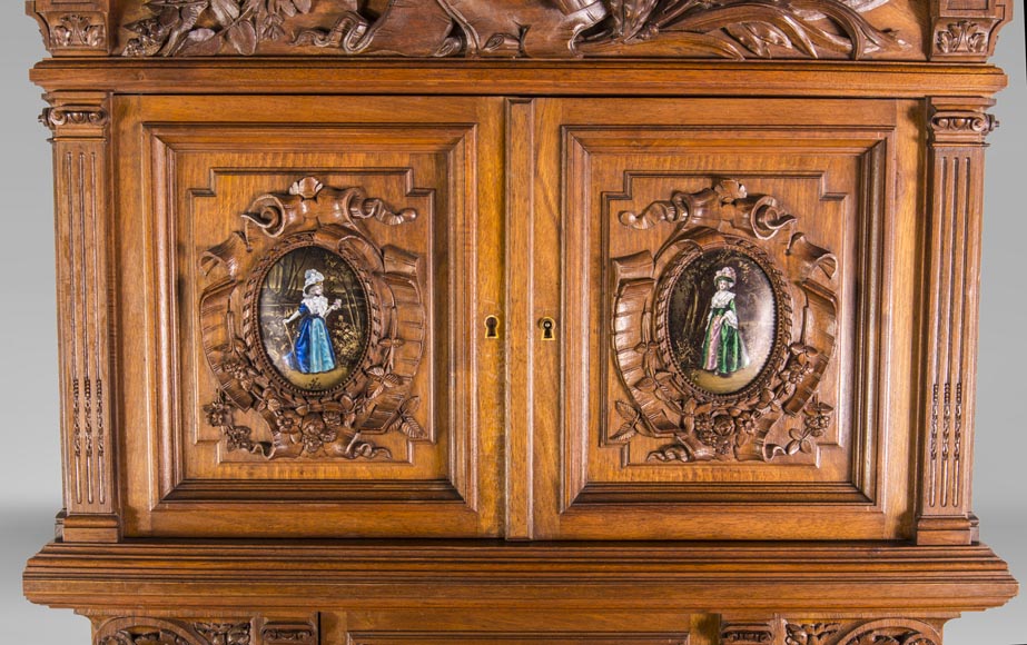 Cabinet in walnut molded and carved with enamelled plates decoration-3