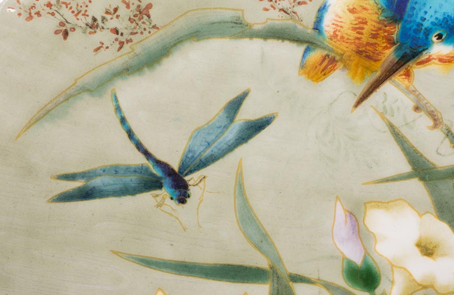 Théodore DECK (1823-1891) - Glazed earthenware dish decorated with a flying dragonfly and a kingfisher-3