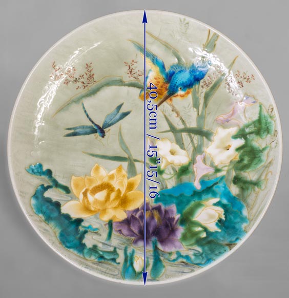 Théodore DECK (1823-1891) - Glazed earthenware dish decorated with a flying dragonfly and a kingfisher-7