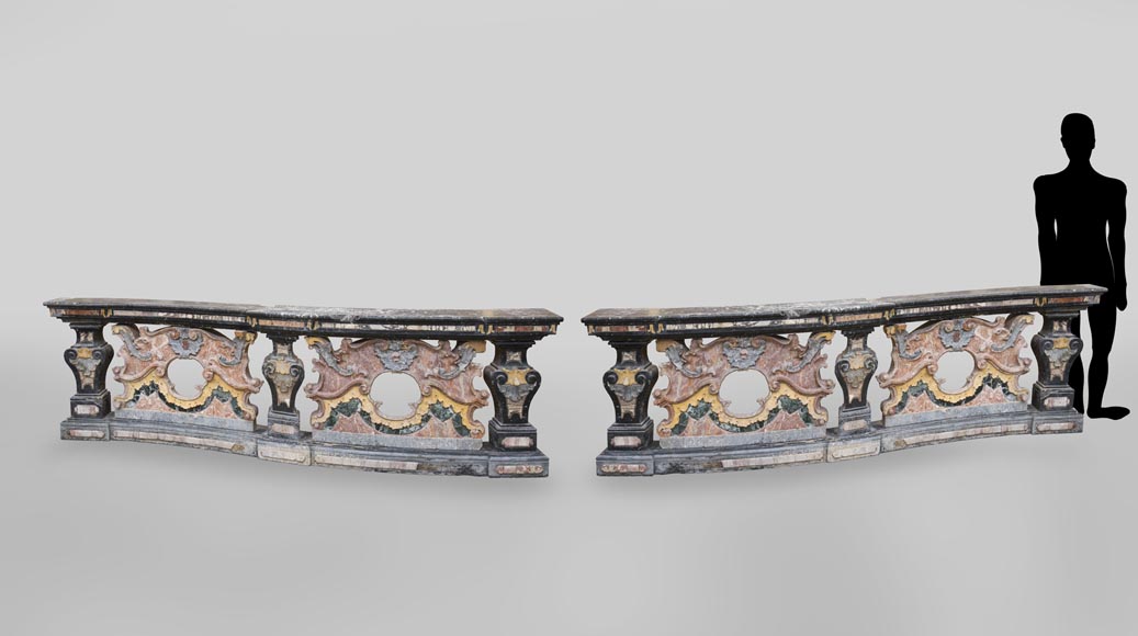 Pair of Baroque style balustrades in polychrome marble-0