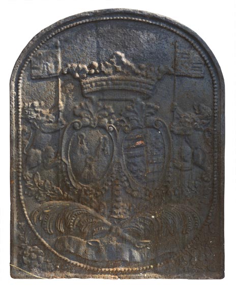 Antique fireback with coat of arms and flag-bearing lions-0