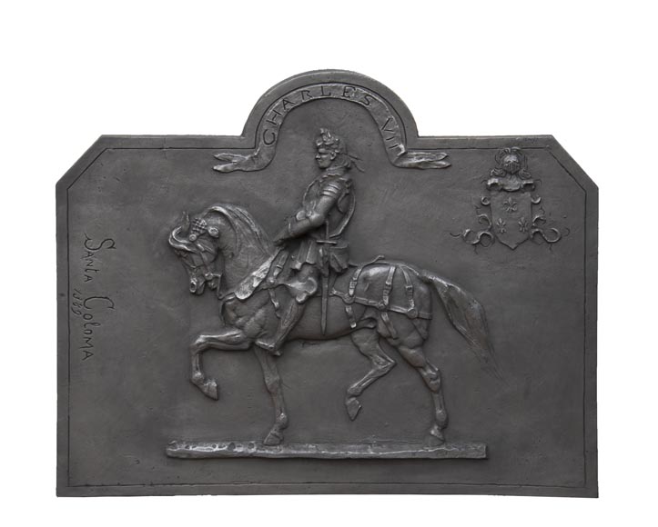 Cast iron fireback from the 20th century, with the effigy of King Charles VII-0