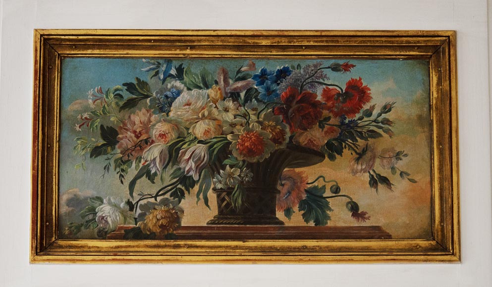 Antique trumeau with oil on canvas representing a bunch of flowers-1