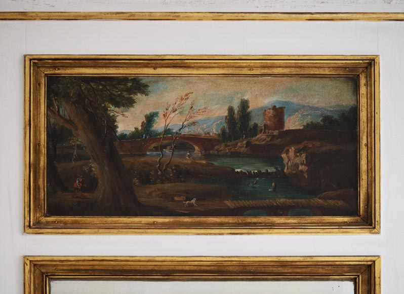Antique trumeau decorated with an oil on canvas representing a lively landscape-1