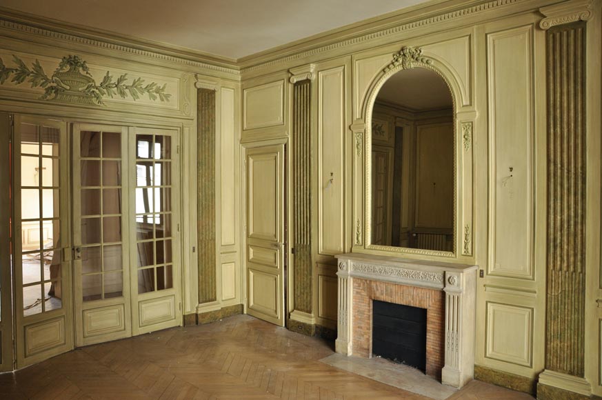 Beautiful Louis XVI style paneled room with its stone fireplace and a marine scene, oil on canvas-0