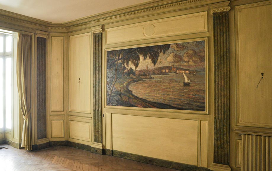 Beautiful Louis XVI style paneled room with its stone fireplace and a marine scene, oil on canvas-2