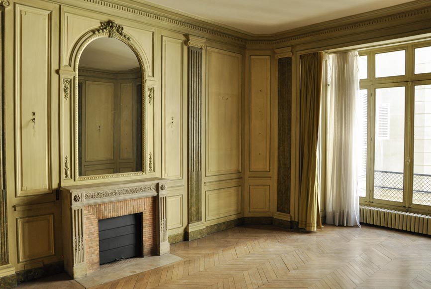 Beautiful Louis XVI style paneled room with its stone fireplace and a marine scene, oil on canvas-3
