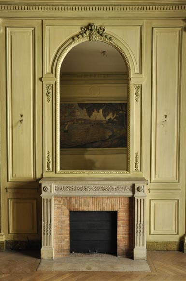 Beautiful Louis XVI style paneled room with its stone fireplace and a marine scene, oil on canvas-5