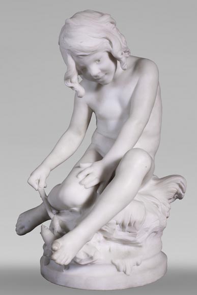 Auguste MOREAU (1834-1917) - Child playing with a crayfish in statuary marble-0