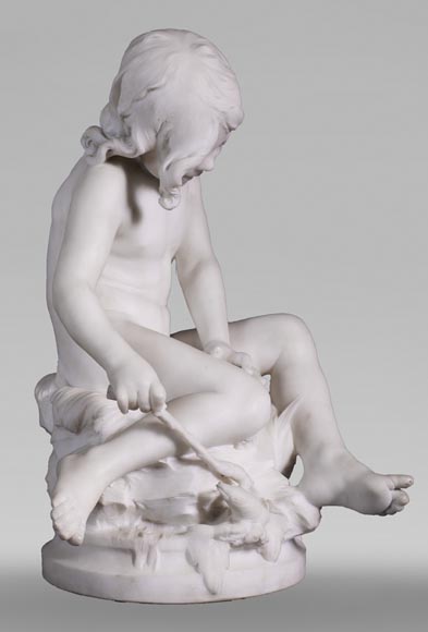 Auguste MOREAU (1834-1917) - Child playing with a crayfish in statuary marble-1