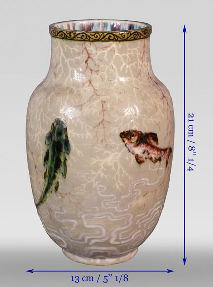 Edmond LACHENAL (1855-1930) - Glazed ceramic ovoid vase with carp decoration-13