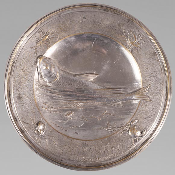 Silver plated metal plate with japanese decoration of a carp and insects-0