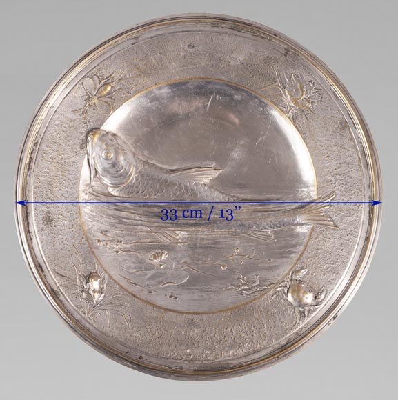 Silver plated metal plate with japanese decoration of a carp and insects-7
