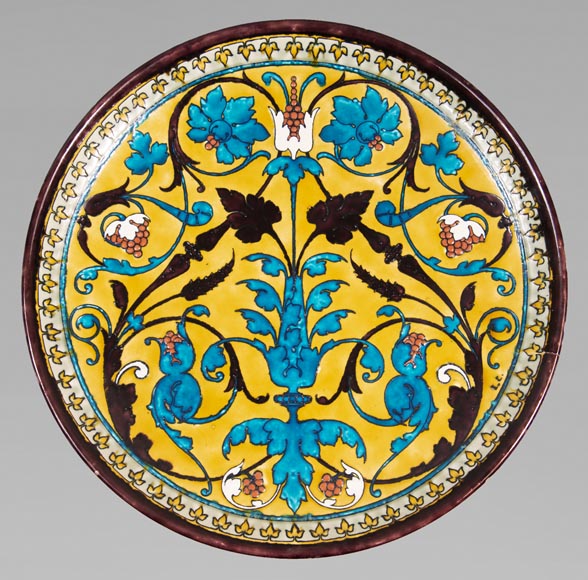 Théodore DECK (1823-1891) - Round ceramic dish with oriental decoration of a vase of flowers and foliage on yellow background-0