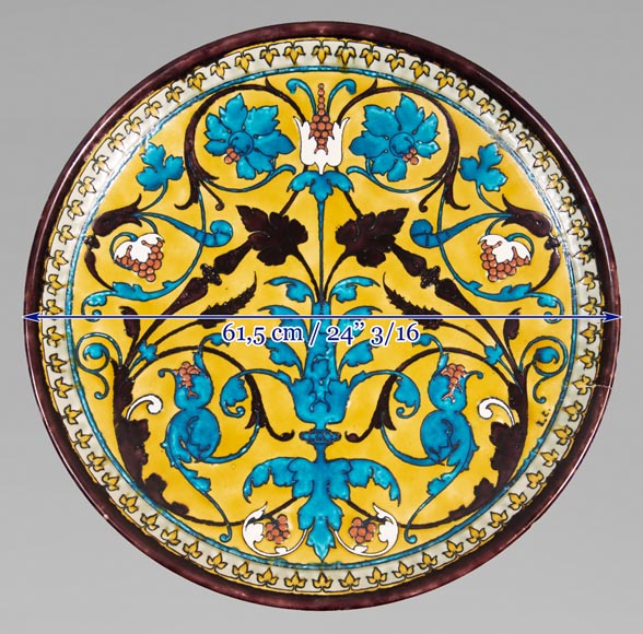 Théodore DECK (1823-1891) - Round ceramic dish with oriental decoration of a vase of flowers and foliage on yellow background-8