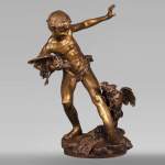 aul Romain CHEVRÉ (1866-1914) - Le combat de coqs, bronze with golden patina