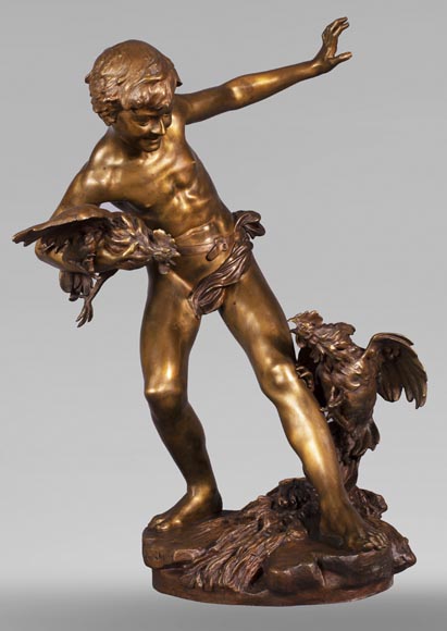 aul Romain CHEVRÉ (1866-1914) - Le combat de coqs, bronze with golden patina-0