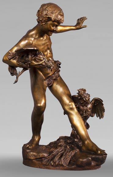 aul Romain CHEVRÉ (1866-1914) - Le combat de coqs, bronze with golden patina-2
