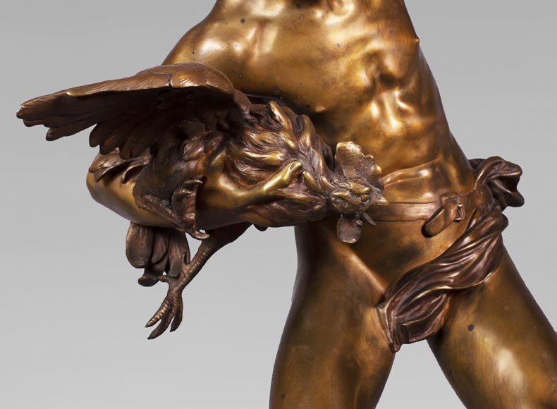 aul Romain CHEVRÉ (1866-1914) - Le combat de coqs, bronze with golden patina-4