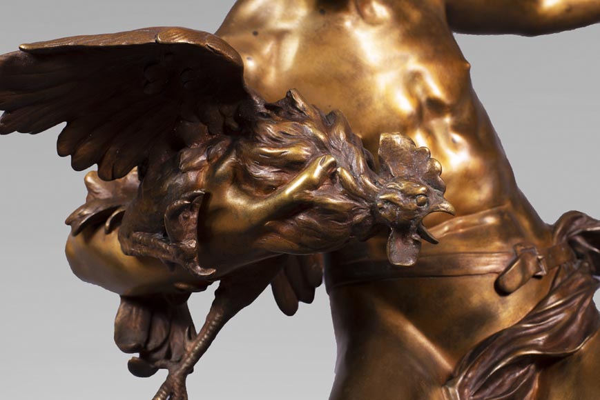 aul Romain CHEVRÉ (1866-1914) - Le combat de coqs, bronze with golden patina-5