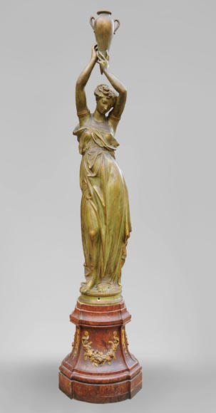 Woman with amphora, cast iron statue with bronze patina by the Durenne foundry, 19th century-0