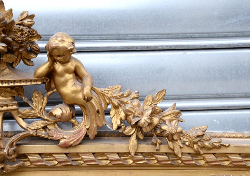 Beautiful antique Napoleon III style trumeau with putti and flowers decor in gilded stucco-3