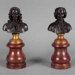 Pair of Voltaire and Rousseau busts in patinated bronze and marble