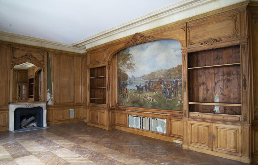 Louis XV oak paneled room with its fireplace and a canvas by Paul Tavernier-0
