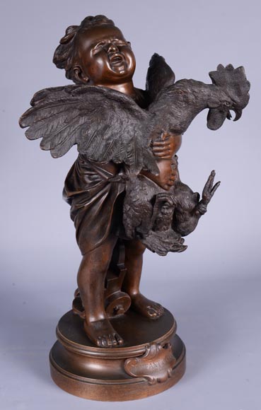 Adriano CECIONI (1836-1886) - The Child with the Rooster, bronze subject with brown patina-1