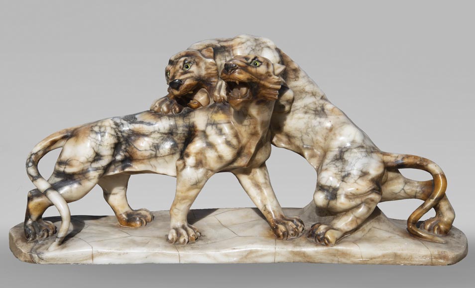 Group in carved veined alabaster representing two panthers-0