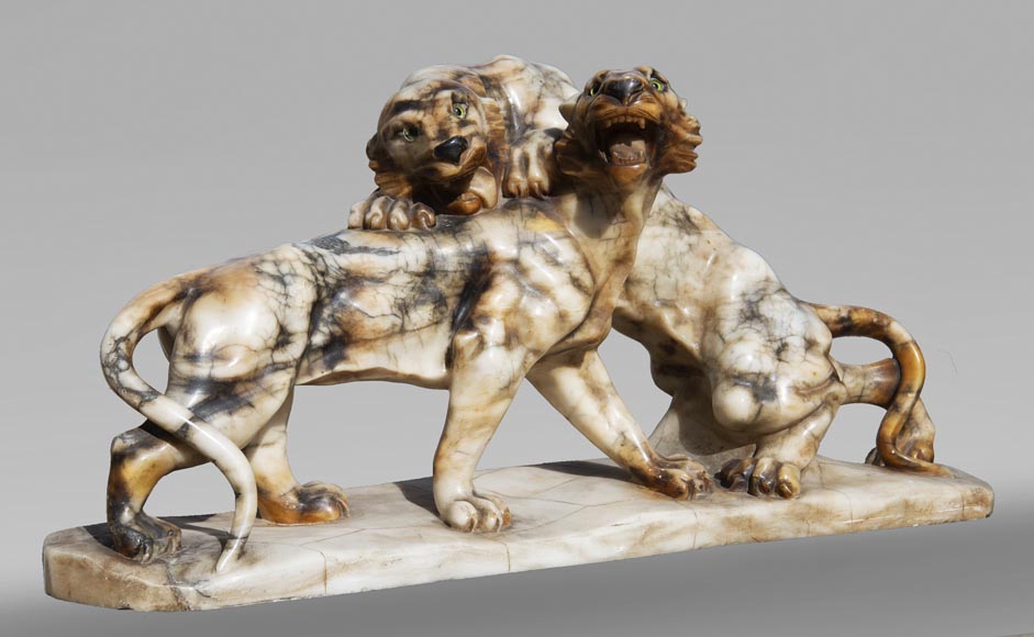 Group in carved veined alabaster representing two panthers-1