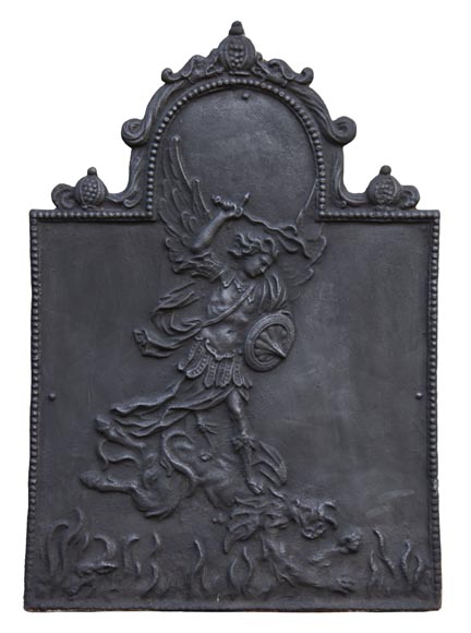 Antique fireback decorated with Saint-Michel slaying the dragon-0