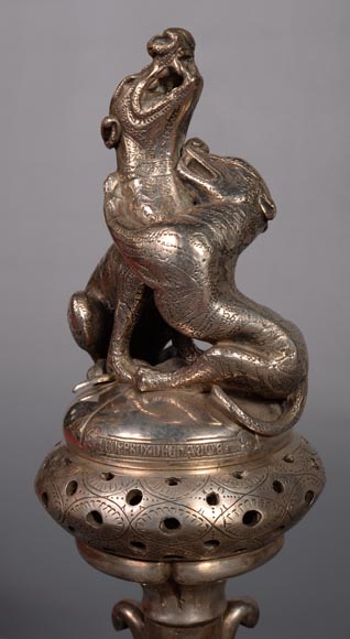 Victor GEOFFROY-DECHAUME, Pair of incense burners made out of silvered bronze, adorned with dogs, circa 1840-7