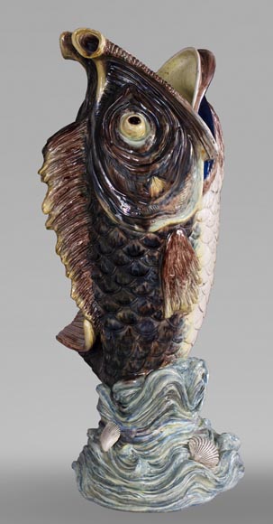 Earthenware umbrella holder representing a fish coming out of a wave-1