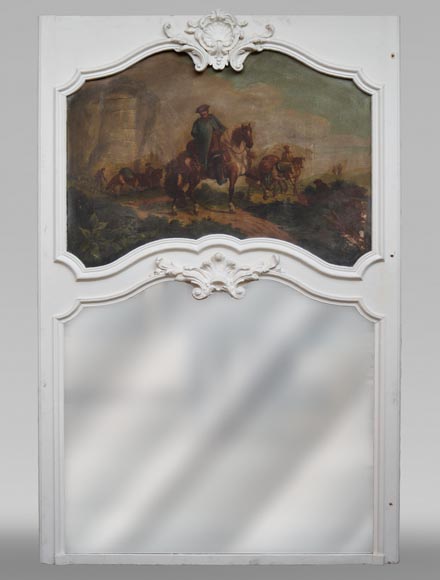 Antique Louis XV style trumeau with an oil on panel representing a scene of merchants on horseback-0