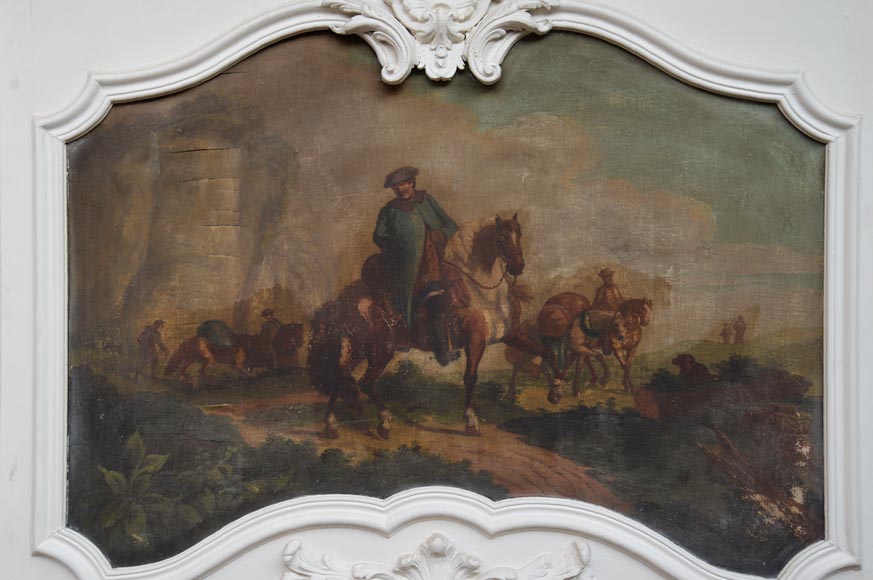 Antique Louis XV style trumeau with an oil on panel representing a scene of merchants on horseback-2