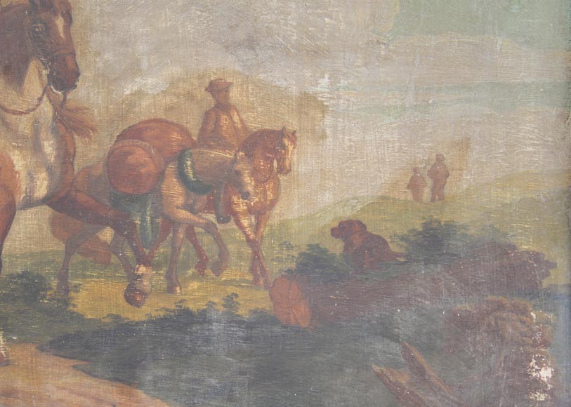 Antique Louis XV style trumeau with an oil on panel representing a scene of merchants on horseback-3