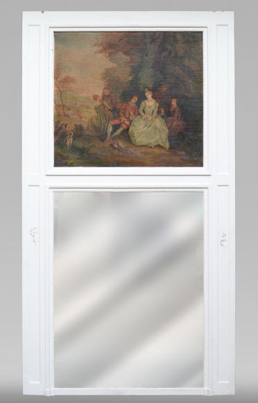 Antique painted trumeau decorated with an oil on canvas representing a gallant scene-0