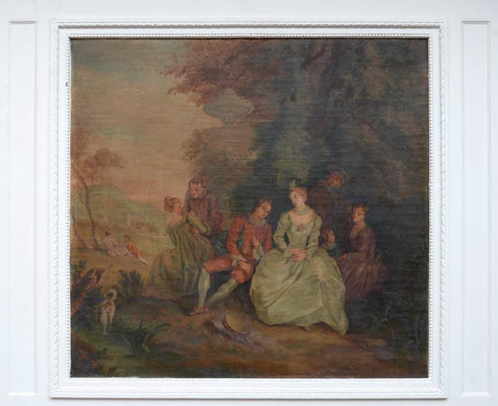 Antique painted trumeau decorated with an oil on canvas representing a gallant scene-1