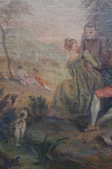 Antique painted trumeau decorated with an oil on canvas representing a gallant scene-2