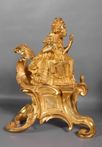 Pair of antique Louis XV style gilt bronze andirons with characters in costume-1