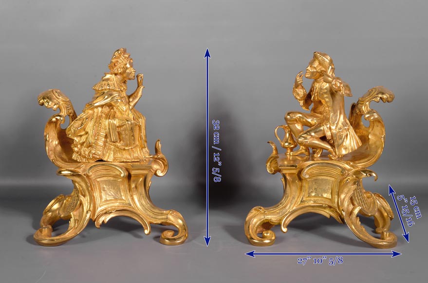 Pair of antique Louis XV style gilt bronze andirons with characters in costume-8