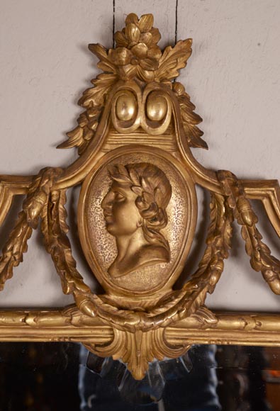 Antique Napoleon III style gilded wood trumeau carved with a profile decoration in a medallion-1