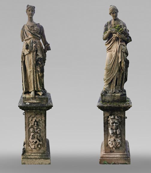 Set of two stone sculptures representing female figures dressed as antique mid-19th century -0