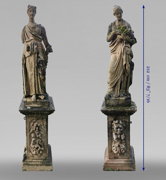 Set of two stone sculptures representing female figures dressed as antique mid-19th century -16