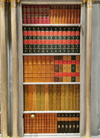 Wood paneled room with trompe l'oeil library decoration, late 20th century-6