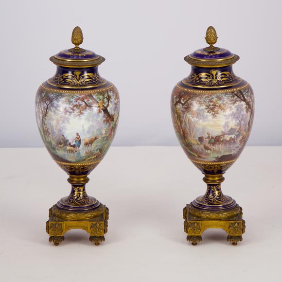 Pair of Sèvres porcelain vases mounted in gilt bronze and painted by J. Machereau, circa 1870-5