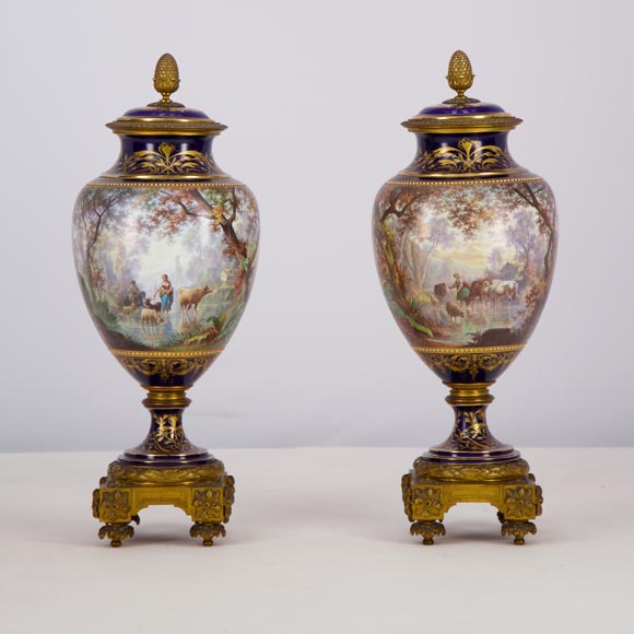 Pair of Sèvres porcelain vases mounted in gilt bronze and painted by J. Machereau, circa 1870-6