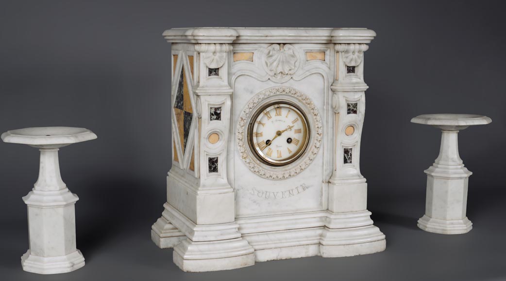 Set clock in Carrara marble taking the shape of a mantel-2